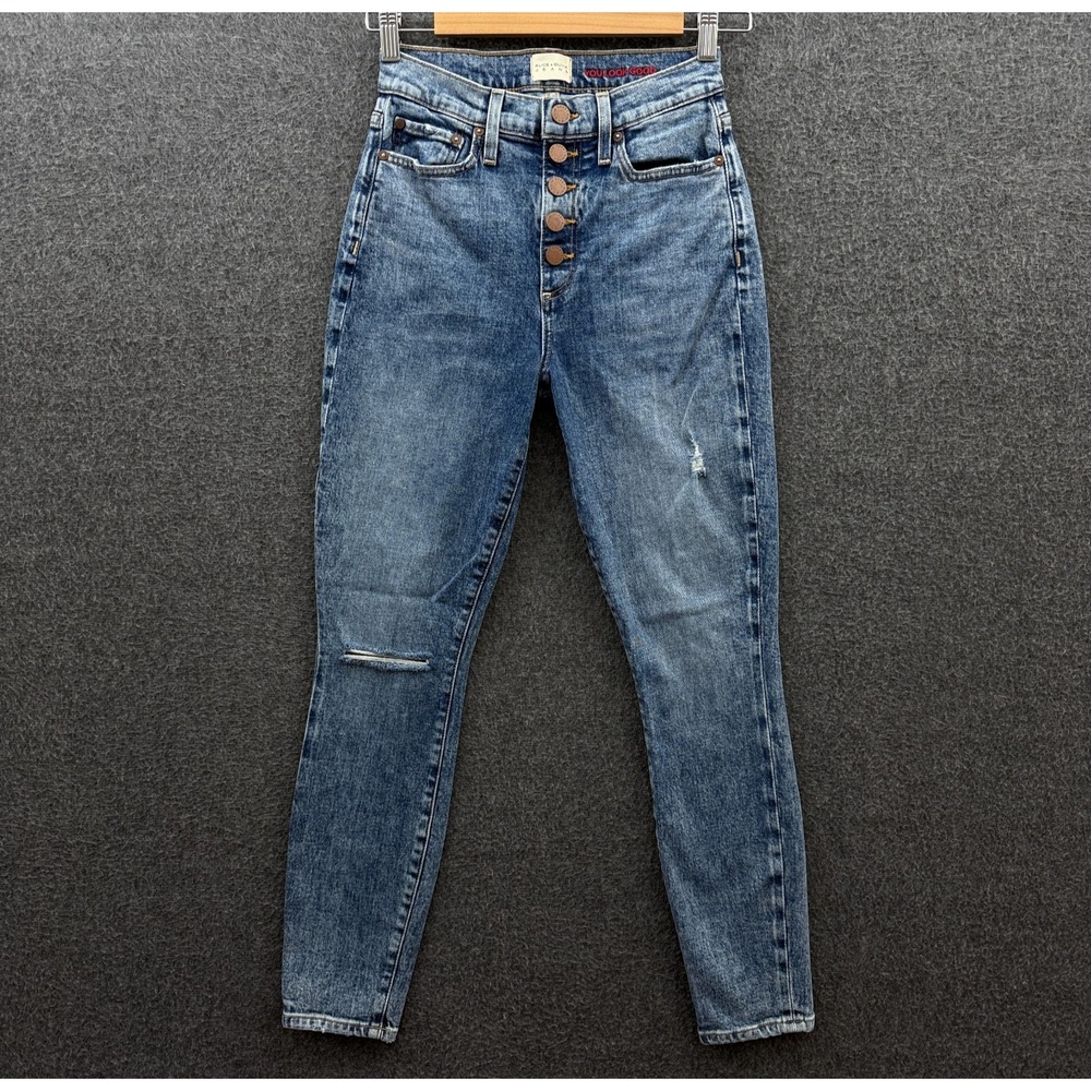 Alice + Olivia Good High Rise Ankle Jeans 26 Blue Tried and True Exposed Button